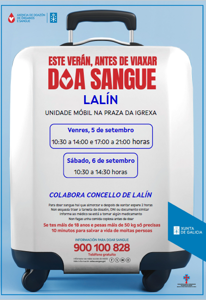 Imagen EN LALÍN PODERASE DOAR SANGUE OS DÍAS 5 E 6 DE SETEMBRO NA UNIDADE MÓBIL INSTALADA NA PRAZA DA IGREXA