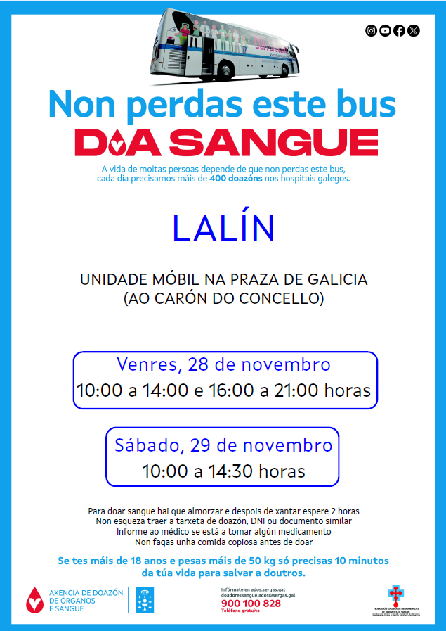 Imagen LALÍN ACOLLE UNHA NOVA CAMPAÑA DE DOAZÓN DE SANGUE O VENRES 28 DE NOVEMBRO E O SÁBADO 29 DE NOVEMBRO COA UNIDADE MÓBIL INSTALADA NA PRAZA...