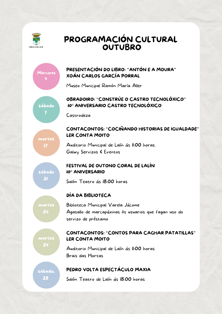 Imagen ACTIVIDADES EDITORIAIS E DE ANIMACIÓN Á LECTURA, O DÍA DA BIBLIOTECA, UN OBRADOIRO SOBRE O 10º ANIVERSARIO DO CASTRO TECNOLÓXICO, MÚSICA...